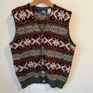 Vintage‎ 80's Fine Line Nordic Pattern Red Green Button-Up Knit Vest - Medium